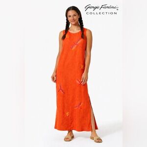Giorgio Fiorlini Collection Orange Linen Dragonfly Embroidered Maxi Lined 15